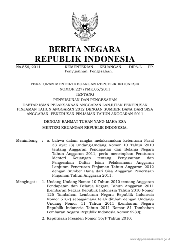 Peraturan Menteri Keuangan Nomor 227/PMK.05/2011