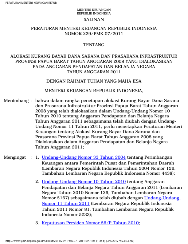 Peraturan Menteri Keuangan Nomor 229/PMK.07/2011