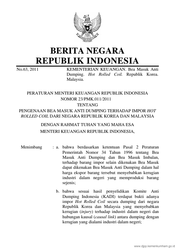 Peraturan Menteri Keuangan Nomor 23/PMK.011/2011