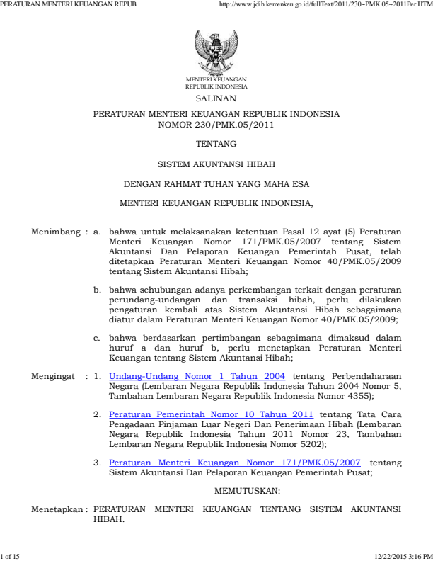 Peraturan Menteri Keuangan Nomor 230/PMK.05/2011