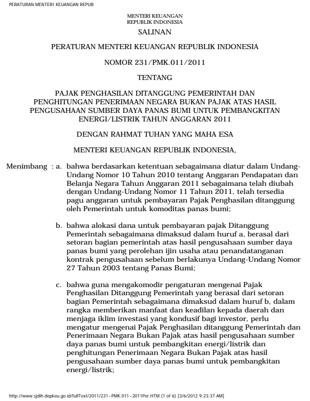 Peraturan Menteri Keuangan Nomor 231/PMK.011/2011