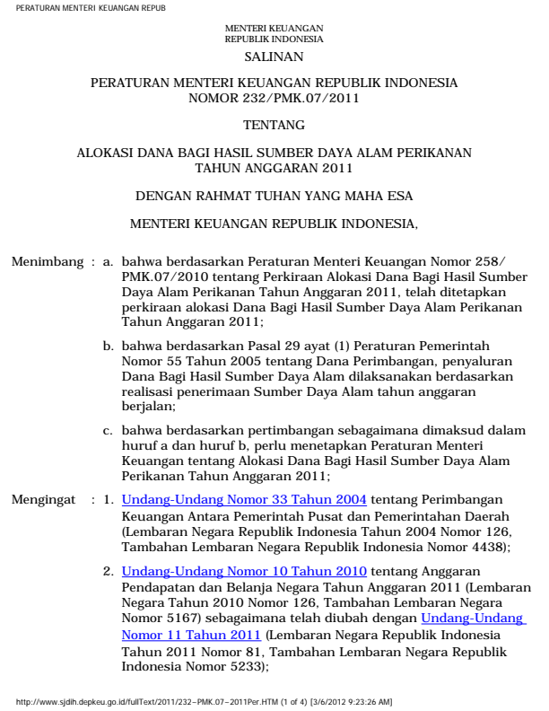 Peraturan Menteri Keuangan Nomor 232/PMK.07/2011