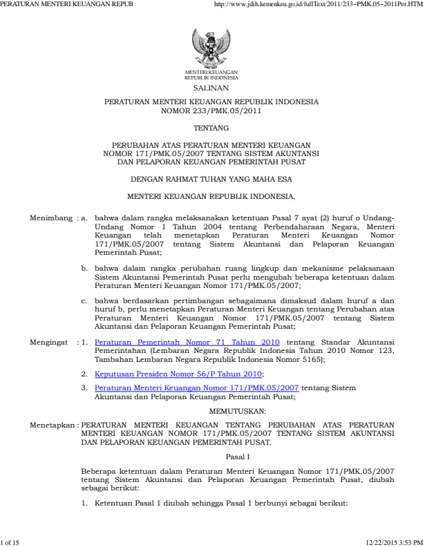 Peraturan Menteri Keuangan Nomor 233/PMK.05/2011