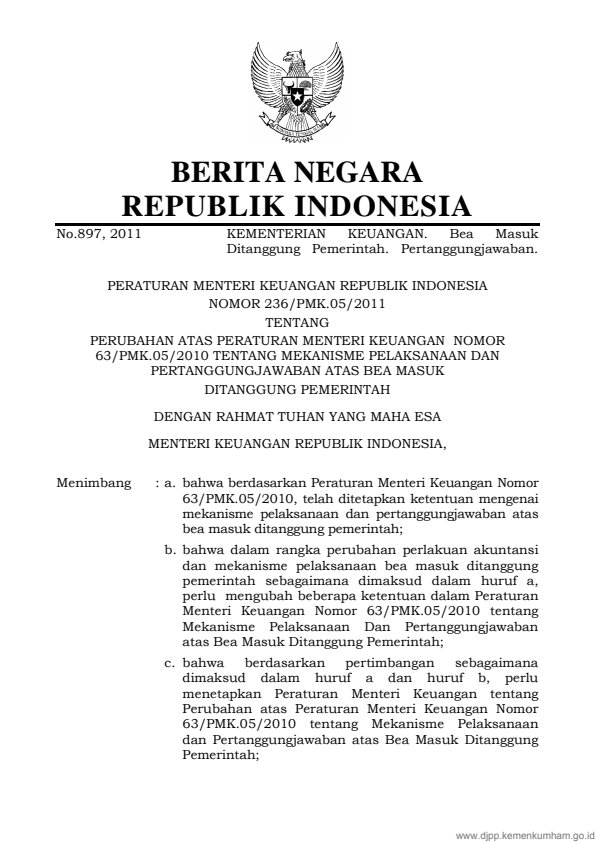 Peraturan Menteri Keuangan Nomor 236/PMK.05/2011