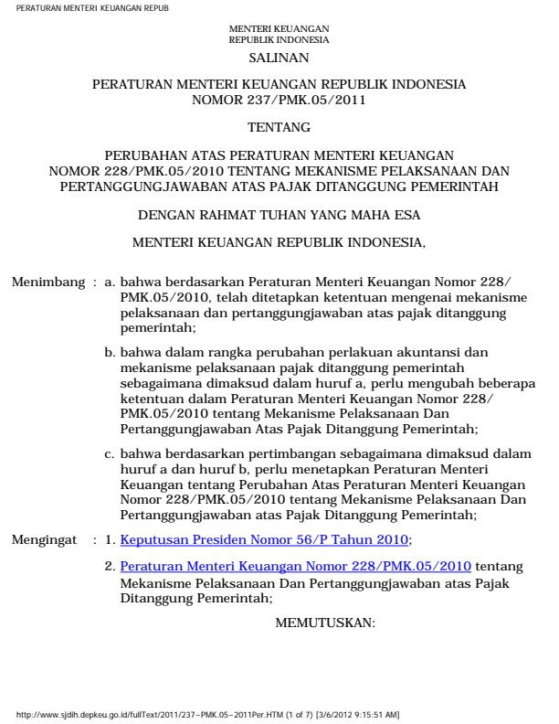 Peraturan Menteri Keuangan Nomor 237/PMK.05/2011