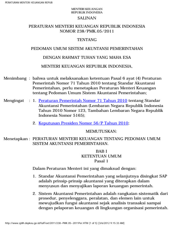 Peraturan Menteri Keuangan Nomor 238/PMK.05/2011