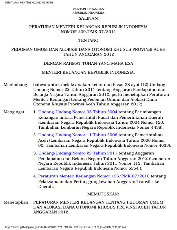 Peraturan Menteri Keuangan Nomor 239/PMK.07/2011