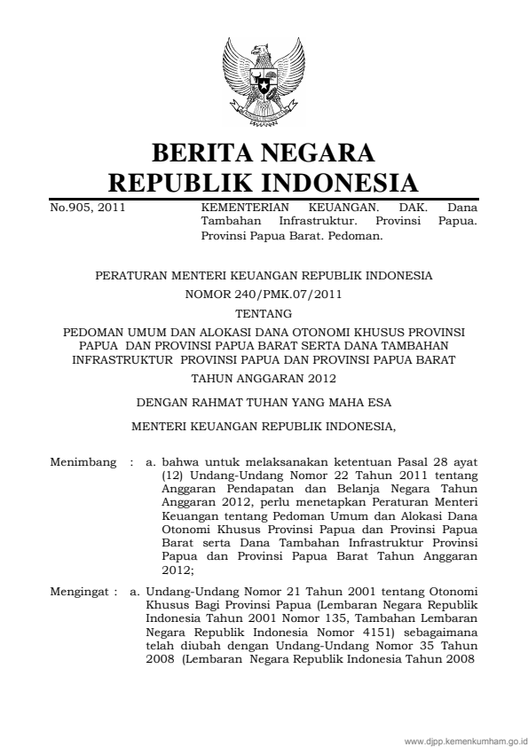 Peraturan Menteri Keuangan Nomor 240/PMK.07/2011