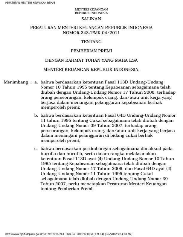 Peraturan Menteri Keuangan Nomor 243/PMK.04/2011