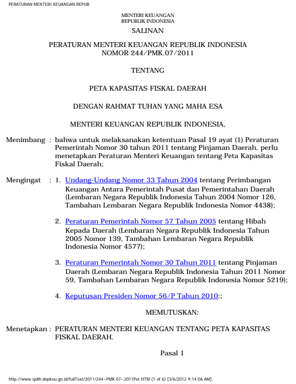 Peraturan Menteri Keuangan Nomor 244/PMK.07/2011