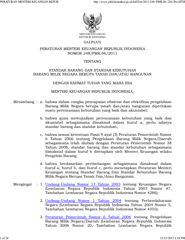 Peraturan Menteri Keuangan Nomor 248/PMK.06/2011