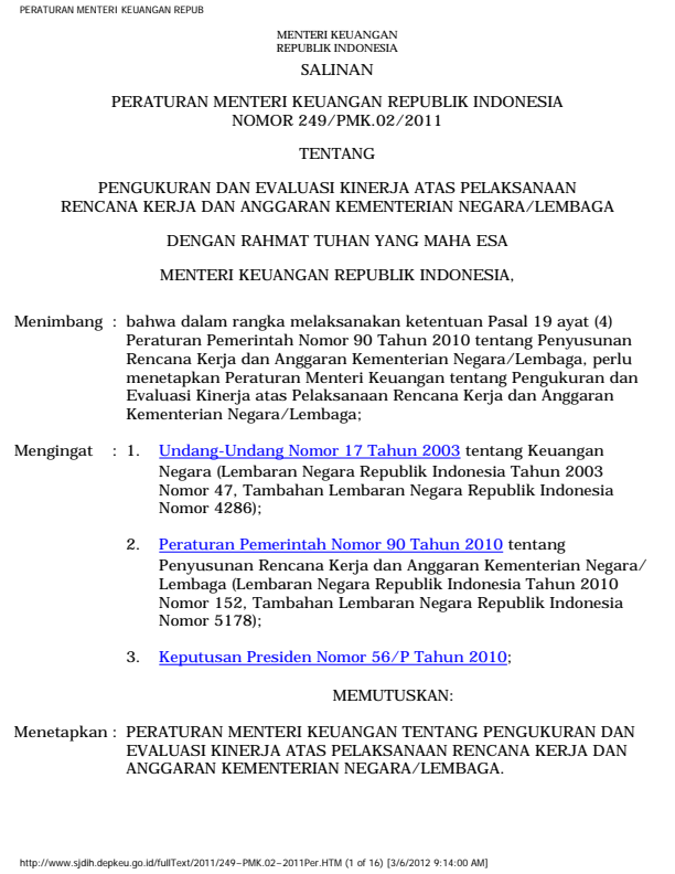 Peraturan Menteri Keuangan Nomor 249/PMK.02/2011
