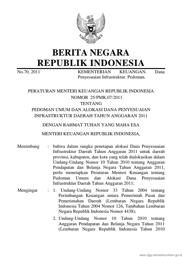 Peraturan Menteri Keuangan Nomor 25/PMK.07/2011