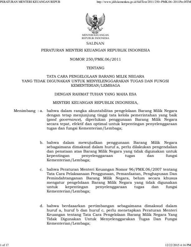 Peraturan Menteri Keuangan Nomor 250/PMK.06/2011