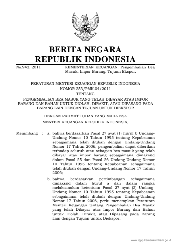 Peraturan Menteri Keuangan Nomor 253/PMK.04/2011