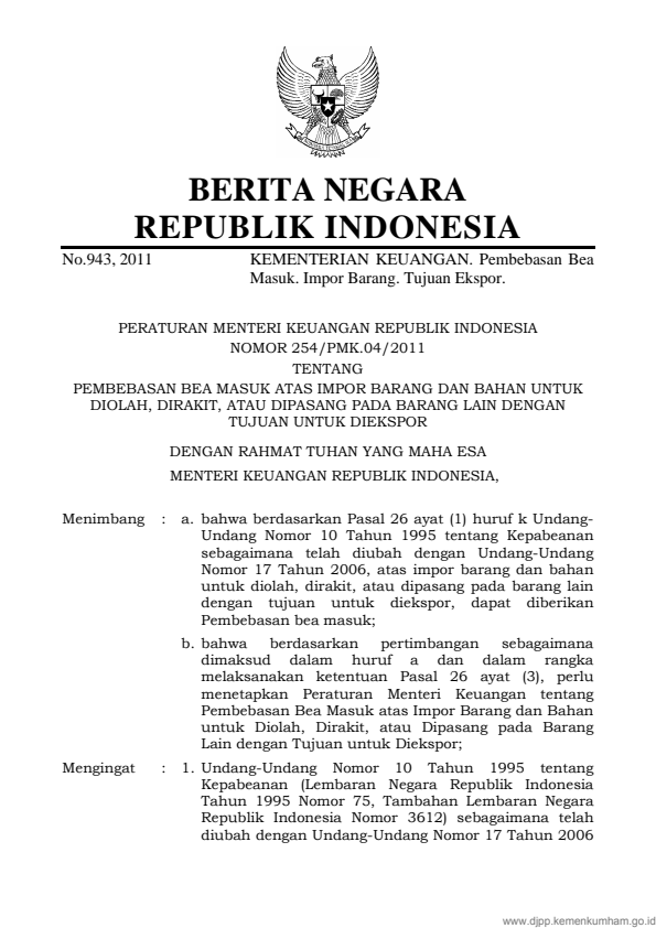 Peraturan Menteri Keuangan Nomor 254/PMK.04/2011