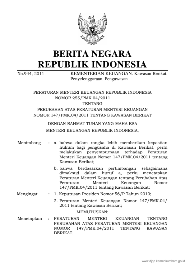 Peraturan Menteri Keuangan Nomor 255/PMK.04/2011