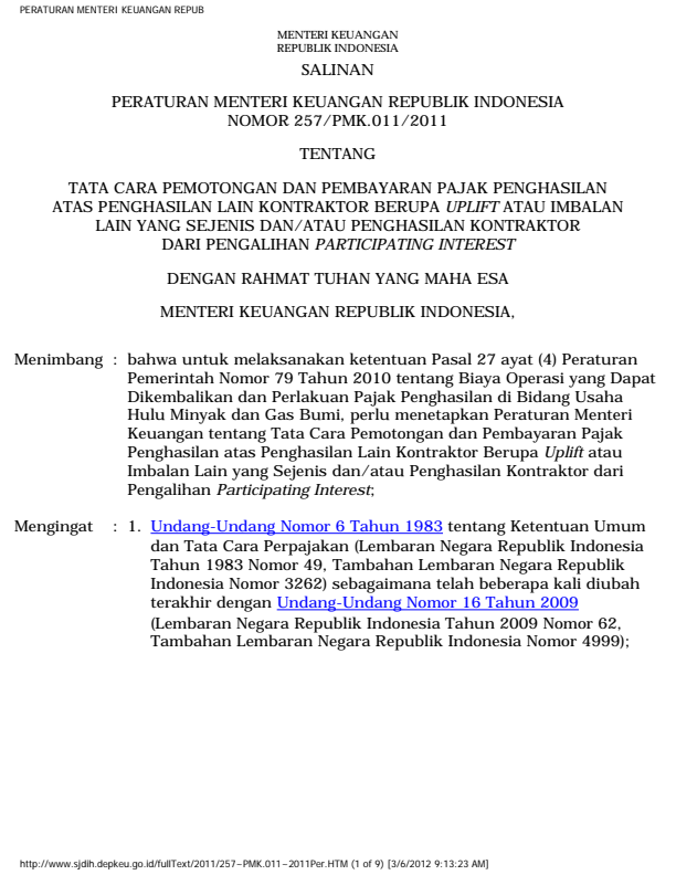 Peraturan Menteri Keuangan Nomor 257/PMK.011/2011