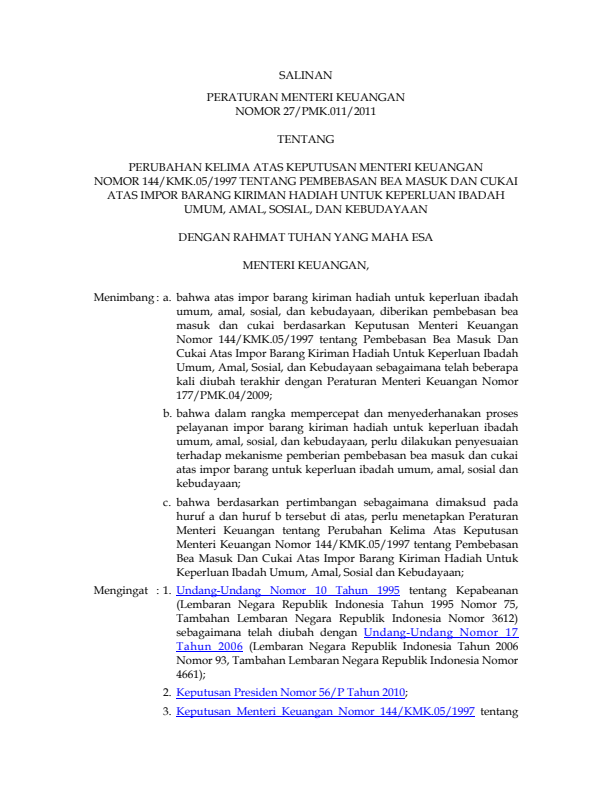 Peraturan Menteri Keuangan Nomor 27/PMK.011/2011