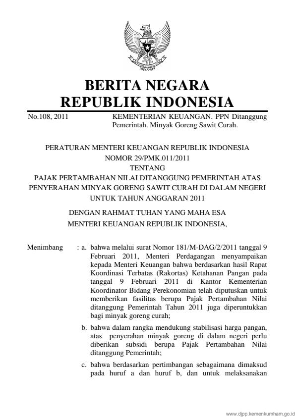 Peraturan Menteri Keuangan Nomor 29/PMK.011/2011