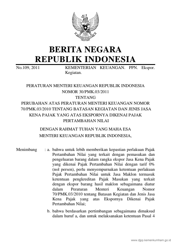 Peraturan Menteri Keuangan Nomor 30/PMK.03/2011