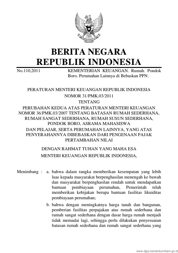 Peraturan Menteri Keuangan Nomor 31/PMK.03/2011