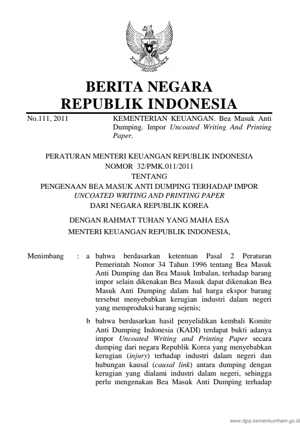 Peraturan Menteri Keuangan Nomor 32/PMK.011/2011