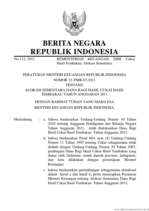 Peraturan Menteri Keuangan Nomor 33/PMK.07/2011