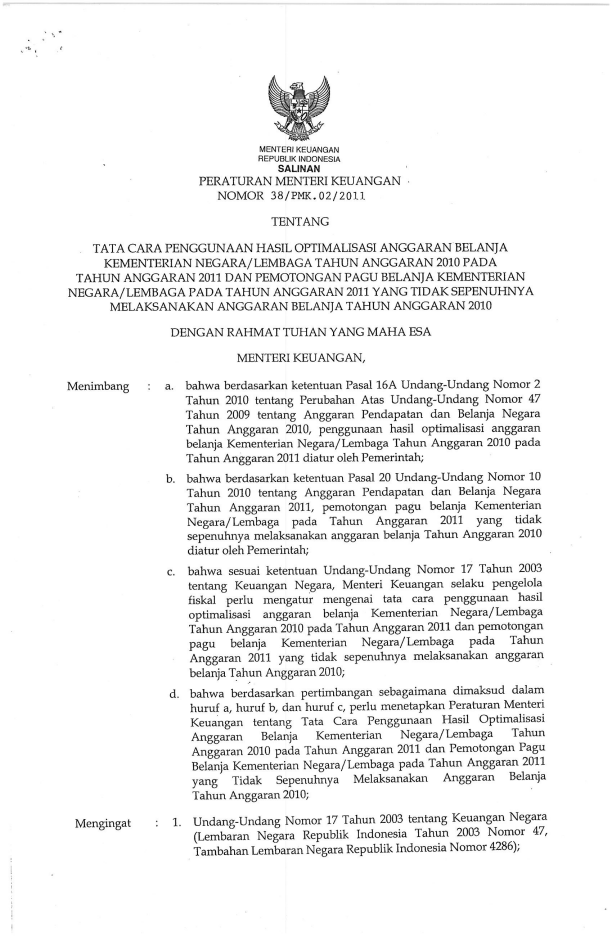 Peraturan Menteri Keuangan Nomor 38/PMK.02/2011