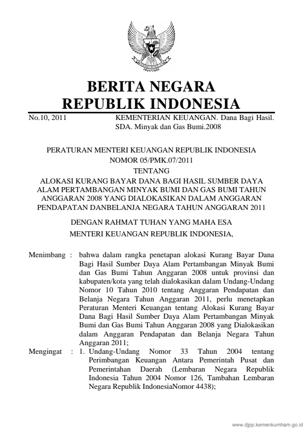 Peraturan Menteri Keuangan Nomor 05/PMK.07/2011