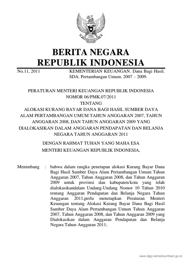 Peraturan Menteri Keuangan Nomor 06/PMK.07/2011