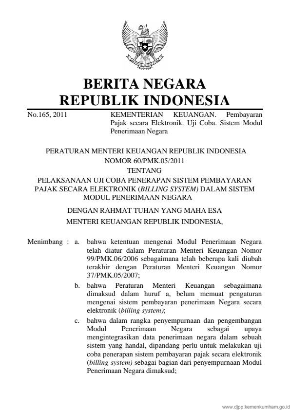 Peraturan Menteri Keuangan Nomor 60/PMK.05/2011