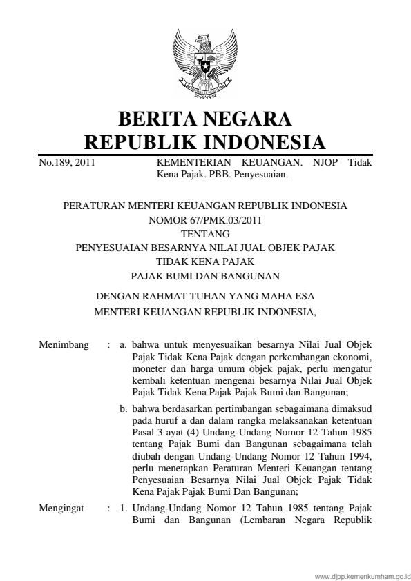 Peraturan Menteri Keuangan Nomor 67/PMK.03/2011