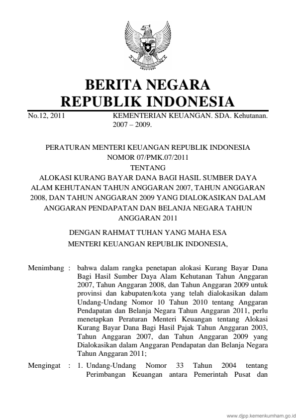 Peraturan Menteri Keuangan Nomor 07/PMK.07/2011