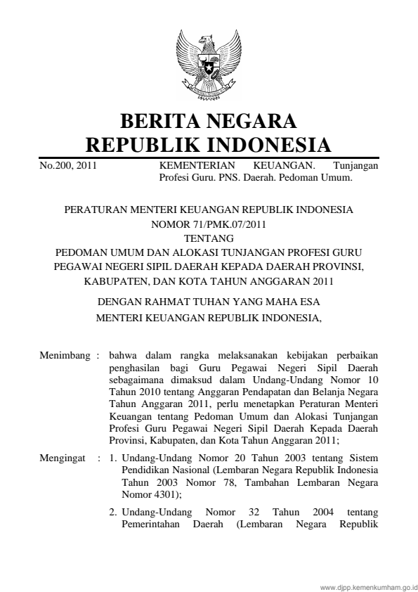 Peraturan Menteri Keuangan Nomor 71/PMK.07/2011