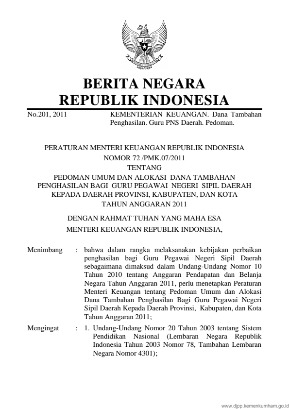 Peraturan Menteri Keuangan Nomor 72/PMK.07/2011