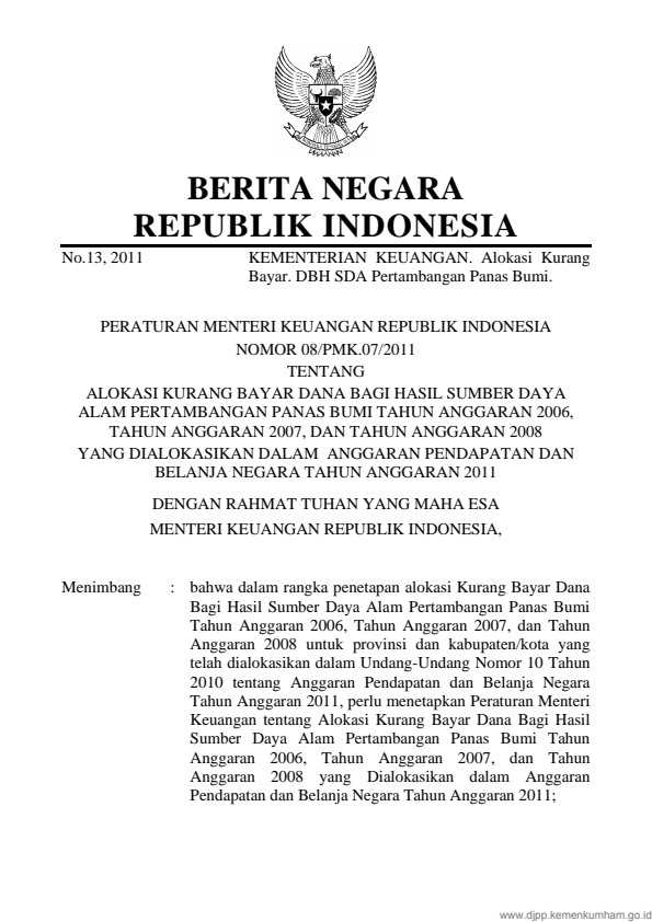 Peraturan Menteri Keuangan Nomor 08/PMK.07/2011