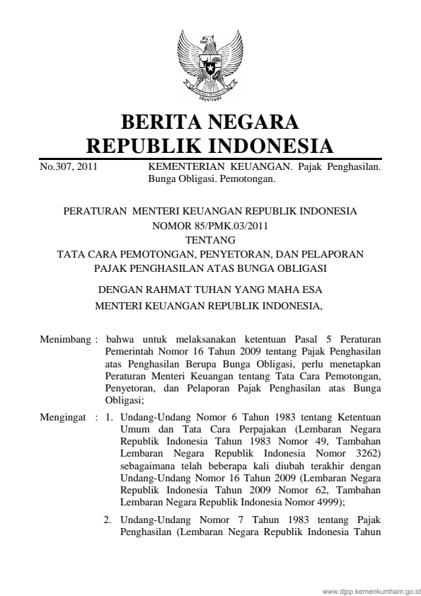 Peraturan Menteri Keuangan Nomor 85/PMK.03/2011