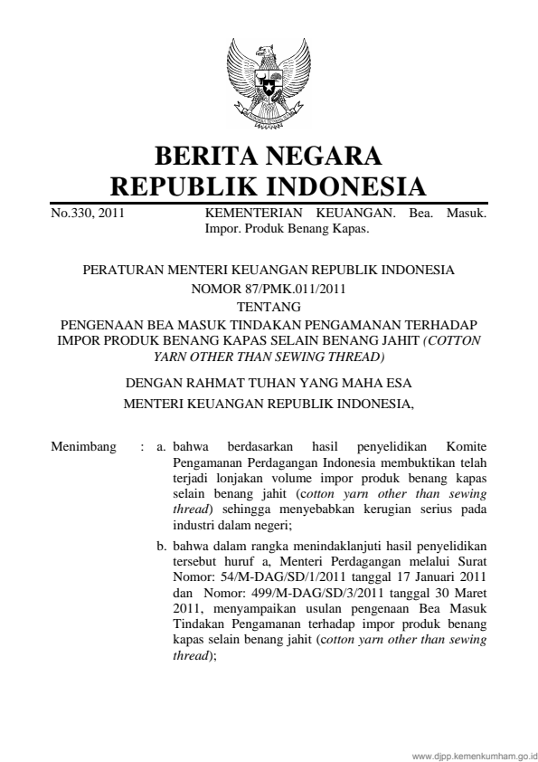 Peraturan Menteri Keuangan Nomor 87/PMK.011/2011