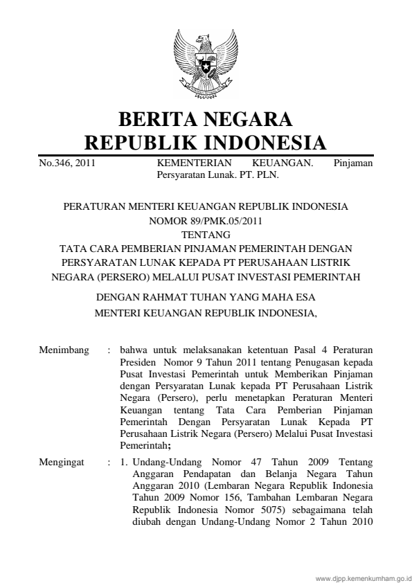 Peraturan Menteri Keuangan Nomor 89/PMK.05/2011