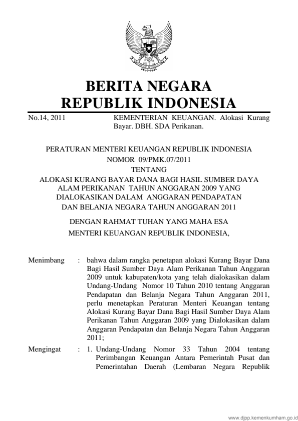 Peraturan Menteri Keuangan Nomor 09/PMK.07/2011