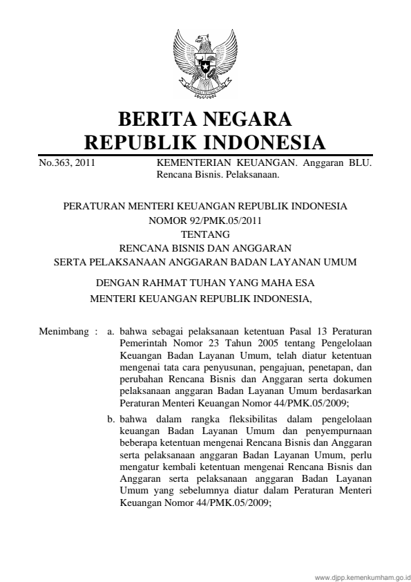 Peraturan Menteri Keuangan Nomor 92/PMK.05/2011