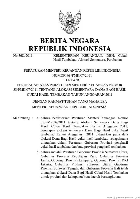 Peraturan Menteri Keuangan Nomor 96/PMK.07/2011
