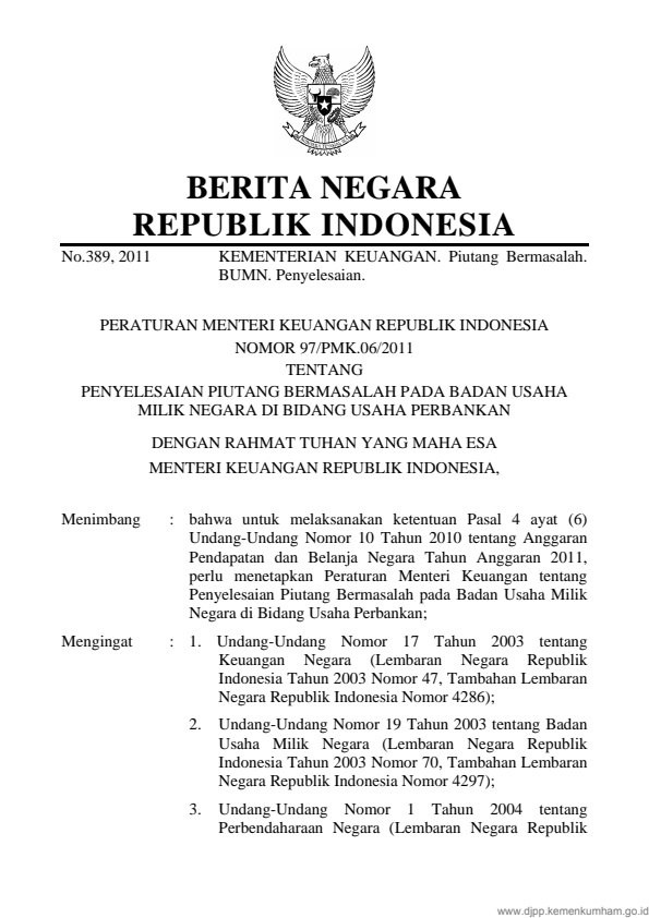 Peraturan Menteri Keuangan Nomor 97/PMK.06/2011