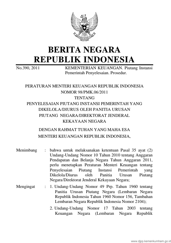 Peraturan Menteri Keuangan Nomor 98/PMK.06/2011