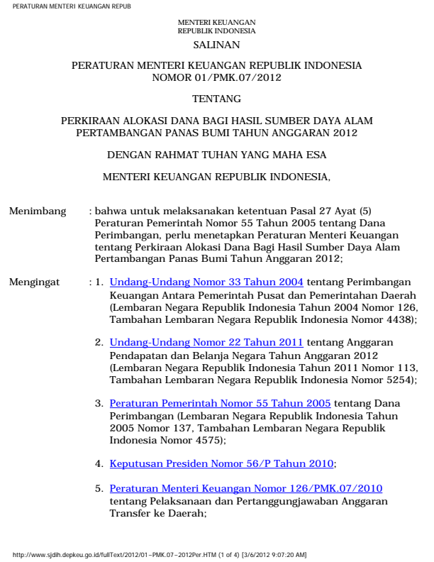 Peraturan Menteri Keuangan Nomor 01/PMK.07/2012