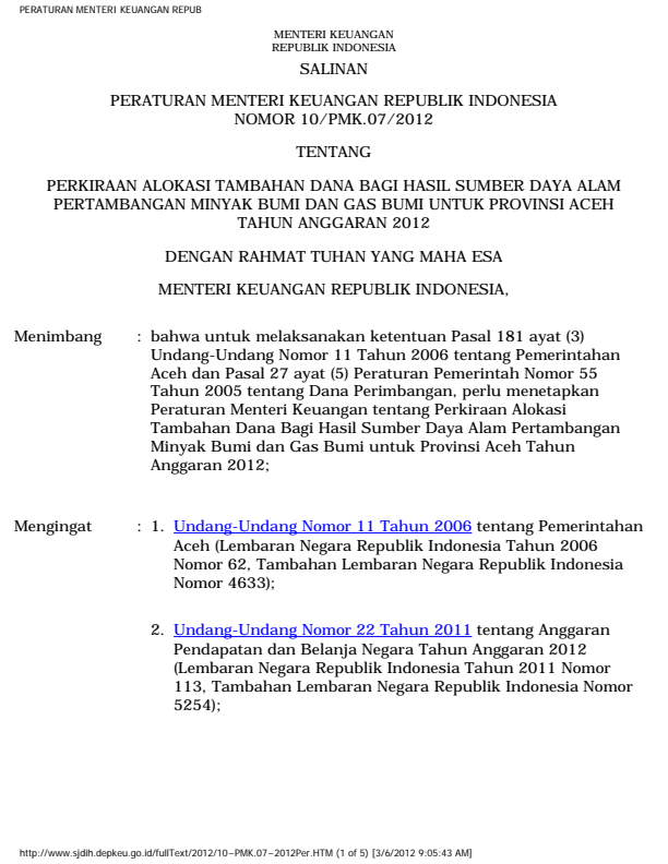 Peraturan Menteri Keuangan Nomor 10/PMK.07/2012