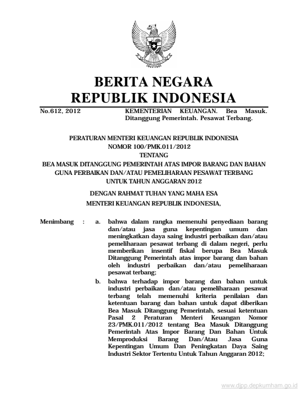 Peraturan Menteri Keuangan Nomor 100/PMK.011/2012