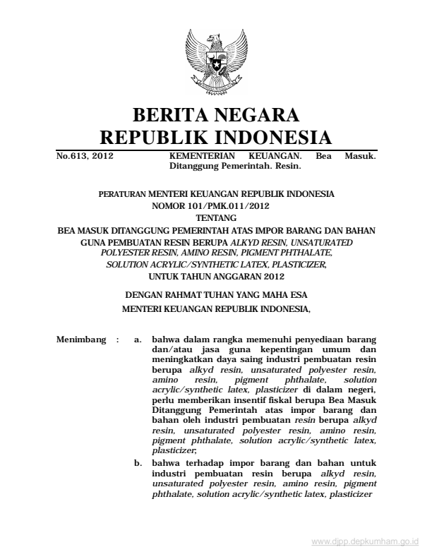 Peraturan Menteri Keuangan Nomor 101/PMK.011/2012