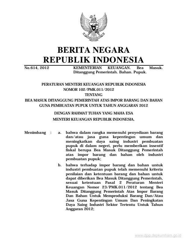 Peraturan Menteri Keuangan Nomor 102/PMK.011/2012